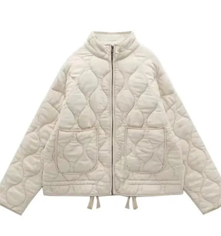 Grey Stand Collar Zipper Women Bomber Cotton Coat Lantern Sleeve Oversized Loose Pocket Jacket Autumn Winter Chic Outwears