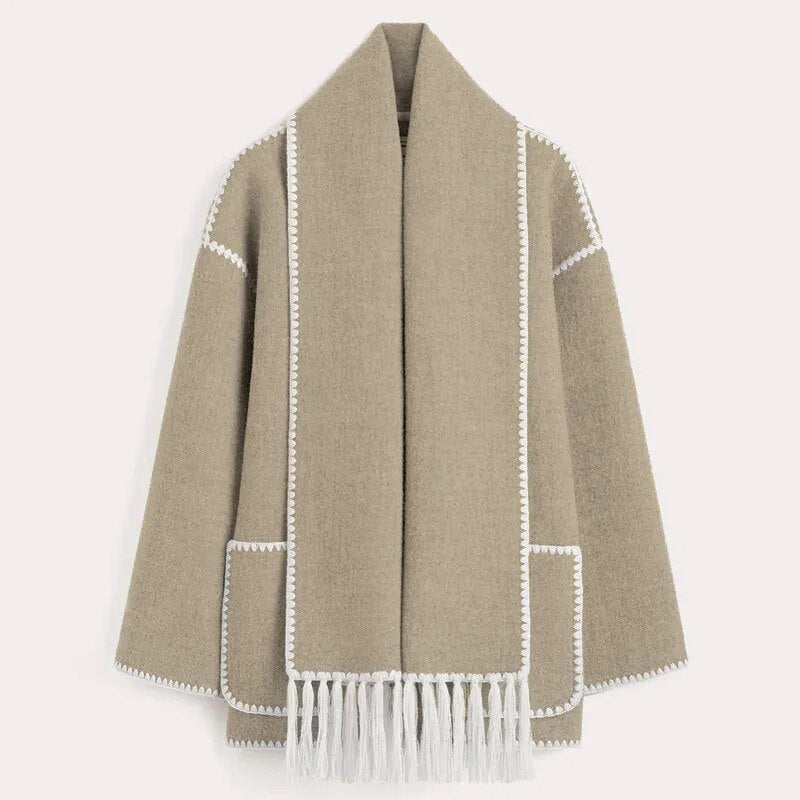 Fashion Loose Wool Coat With Scarf Women Elegant Pockets Long Sleeve Warm Jacket Lady Winter Single Breasted Thick Outwear