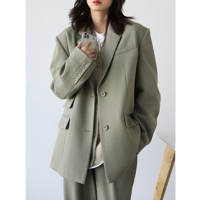 Women Office Lady Blazer Cuff Embroidery Wide Shoulder Twill Suit Women's Autumn Ladies Outerwear  Stylish Tops