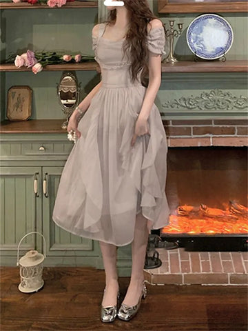 Korean Casual Midi Dress for Women New Summer Fashion Elegant Off The Shoulder Folds Ruffle Female Clothes Birthday Dress