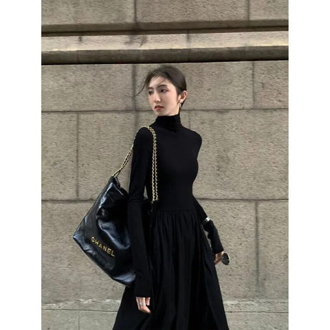 New French Style Temperament Women's High-Grade Black Dress Hepburn Style Gray Turtleneck Dress for Women Autumn and Winter