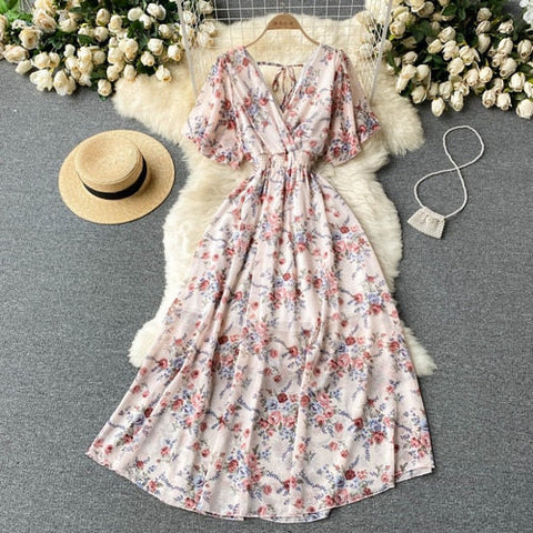 Retro Floral Print Ruffle Chiffon Elegant Midi Dress A-line V Neck Beach Vacation Dress Women Korean Fashion Summer Vestidos