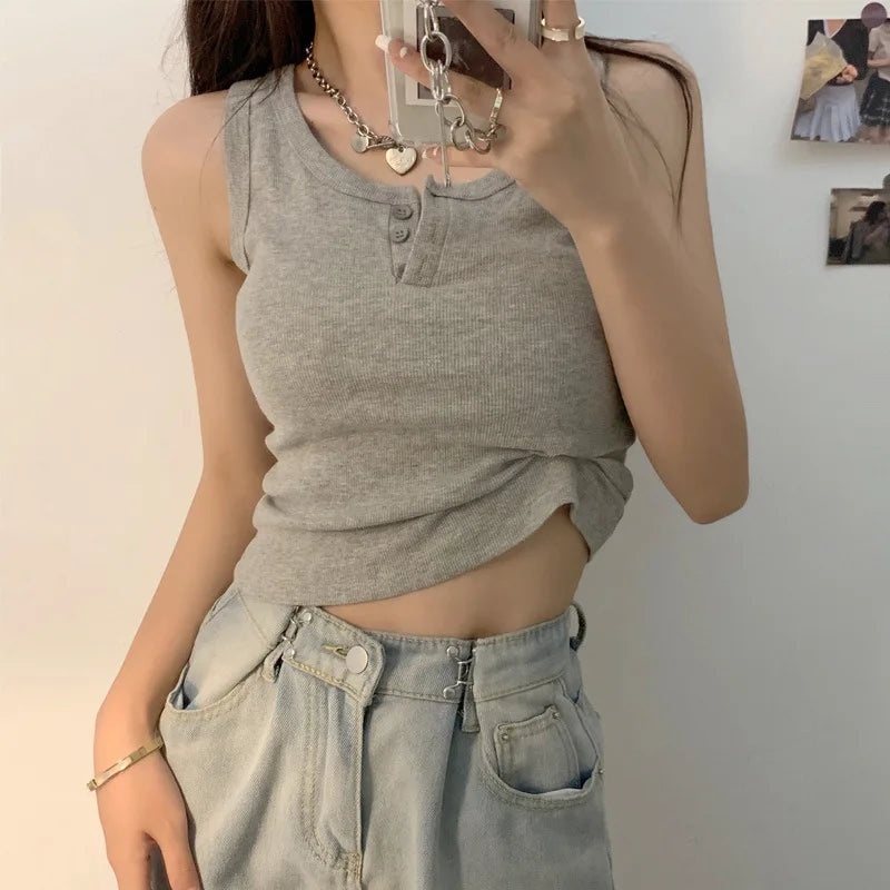 Sexy Tank Top for Women Solid Sleeveless Ribbed Knit Vest Top Cropped Woman Female Clothes