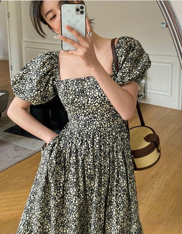 Korean Fashion Floral Maxi Dresses Puff Sleeve Sexy Low Cut Beach Long Dresses Elegant Casual Ladies Women Dresses Summer