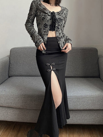 Goth Dark Elegant Mall Gothic Trumpet Women Midi Skirts Grunge High Waist Split Sexy Club Long Skirt Slim Party Streetwear 2023