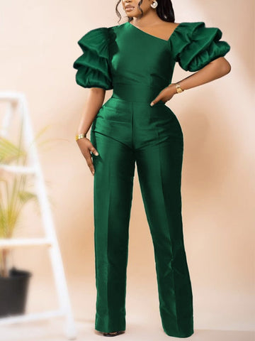 Pbong Women Jumpsuits Shiny Skew Collar Puff Sleeves High Waist One Piece Slim Elegant Office Ladies Summer Fashion Party Elegant New