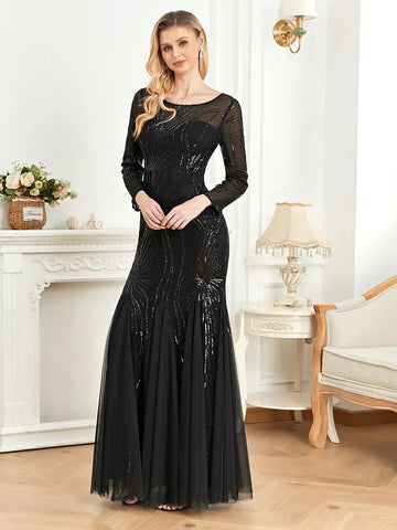 Lucyinlove Elegant Long Sleeves Sequin Tulle Evening Dresses Women Luxury Mermaid Formal Bridesmaid Party Maxi Prom Dress