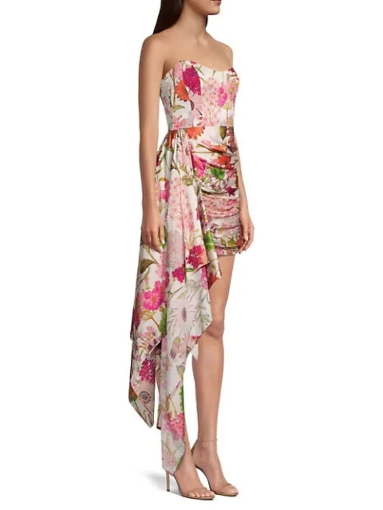 Sexy Strapless Floral Print Mini Dress Summer Women Off Shoulder Irregular Draped Flower Bodycon Dress Evening Club Party