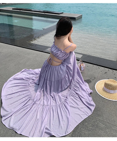 Women Sleeveless Slip Long Dress New Summer Elegant Boho Holiday Beach Dress Solid V-neck Pleated Bandage Dresses Backless