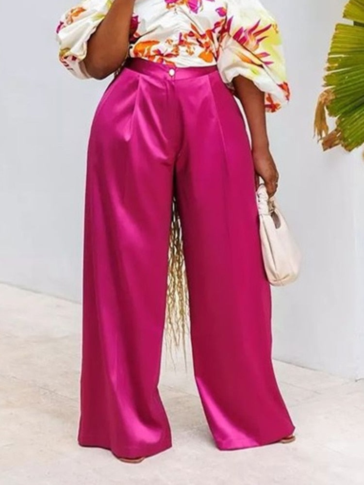 Pbong  mid size graduation outfit romantic style teen swag clean girl ideas 90s latina aestheticWomen Pants High Waist Shiny Wide Leg Elegant Casual Trousers with Zipper Elastic Waist Female African Fashion Office Business