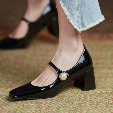 Rimocy Pearl Patent Leather High Heels Mary Janes Woman Spring Elegant Square Toe Women's Pumps Red Office Ladies Shoes