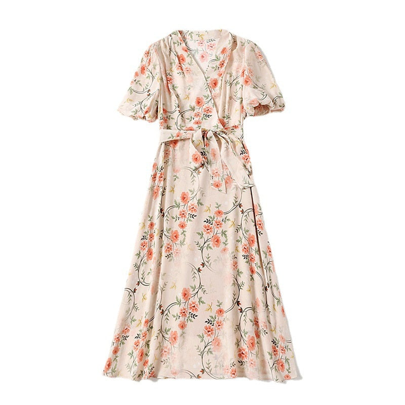 Women's Dress Summer New French V-neck Lace-up Temperament Printed Party Dress Female Casual Floral Half Sleeve A-line Dress