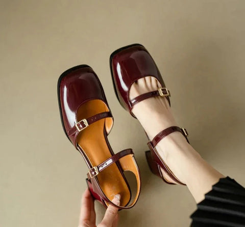 Patent Leather Mary Jane Sandals Women Block High Heels Double Buckle Shoes Woman Square Toe Big Size 44-46 Sandal Shoe