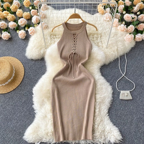 Halter Sleeveless Bandage Hollow Elastic Knit Bodycon Dress French Sexy Chic Elegant Party Vestido Women Summer Slim Women Dress