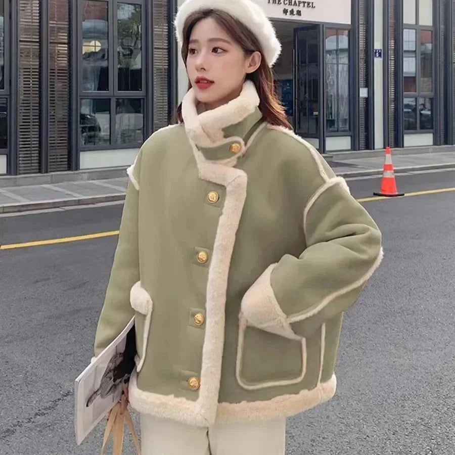 Pink Sherpa Cashmere Jacket Ladies Short Winter Fur Solid Color Loose Stitching Long Sleeve Small Korean Style Thickening New