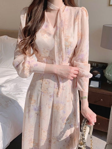 Spring Elegant V-Neck Midi Dress Female Long Sleeve Slim One Piece Dress Korean Fashion Vintage Floral Chiffon Dress Women