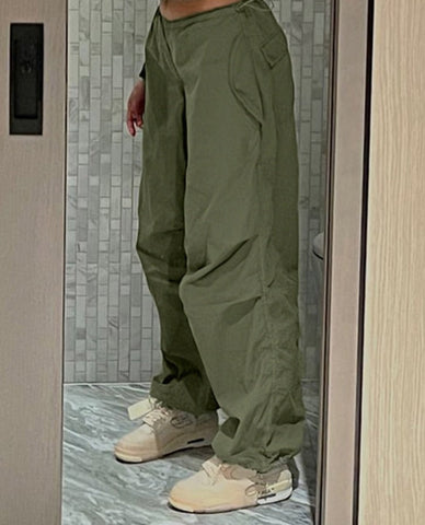 Y2K Streetwear Drawstring Cargo Parachute Pants Hippie Harajuku Loose Draped Low Waist Tech Sporty Trousers Oversize