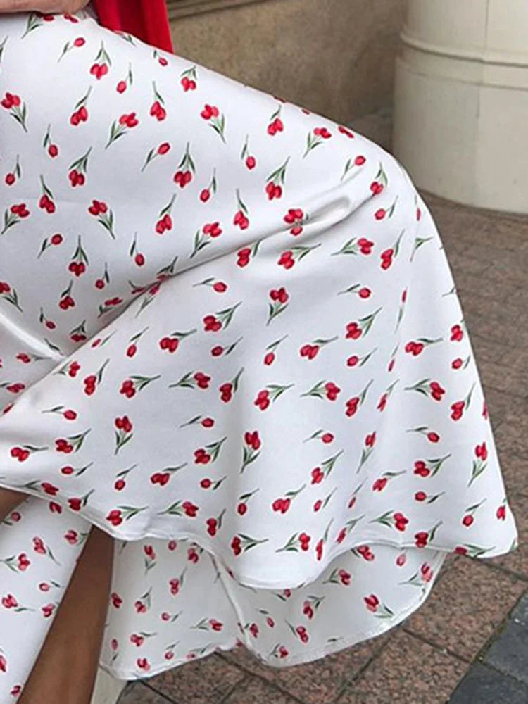 Cherry Printed Skirt Women Spring High Waist A-shaped Fish Tail Skirts Elegant Fashion Patchwork Loose Long Skirt New