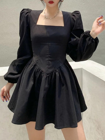 Black Elegant Mini Dress Women Vinatge Long Sleeve Dresses Square Collar Spring Autumn Fashion High Street Female Robe