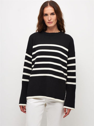 Women Stripe Knit Sweater Long Sleeve O Neck Knitted Pullover Tops Female Jumper Autumn Winter Streetwear White Casual Sweaters