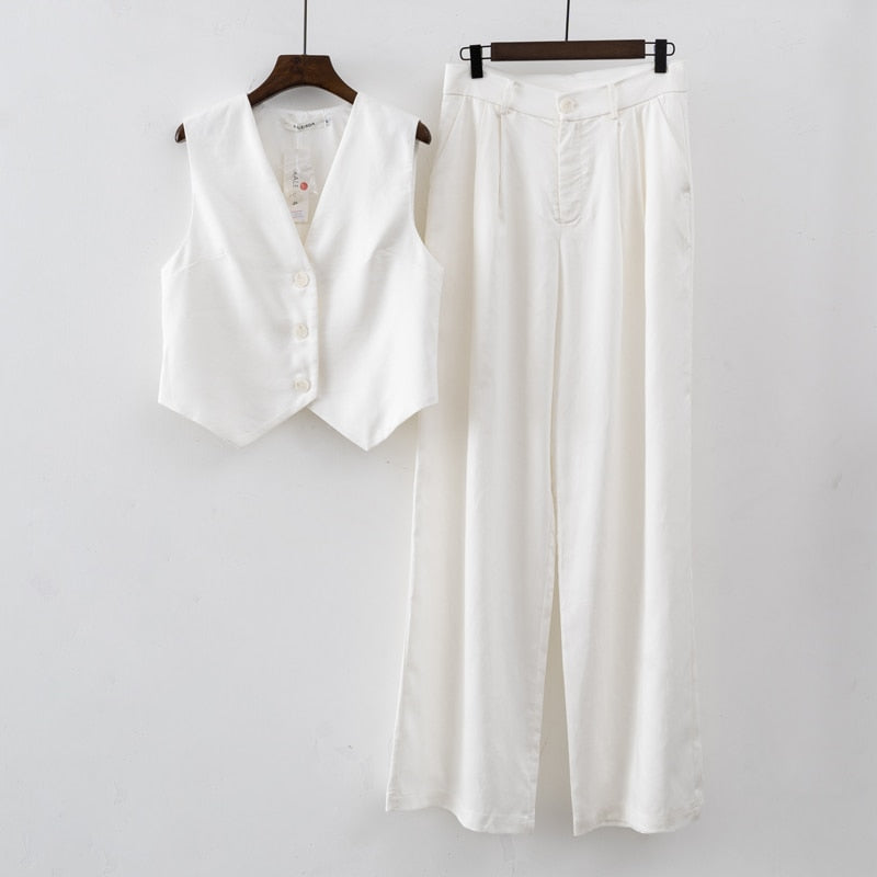 Women Fashion Linen Top Pants 2 pcs Sets Summer Sets