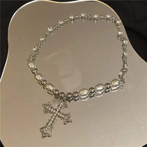 Punk Y2K Pearl Cross Pendant Necklace Hip Hop Retro Women Religious Zircon Chain Necklaces Girls Party Trendy Jewelry Gifts