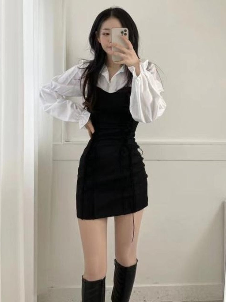 Korean Bandage Bodycon Dress Women Vintage Kpop Wrap Short Dresses Casual Long Sleeve Spring Chic Slim Robes Female