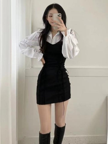 Korean Bandage Bodycon Dress Women Vintage Kpop Wrap Short Dresses Casual Long Sleeve Spring Chic Slim Robes Female