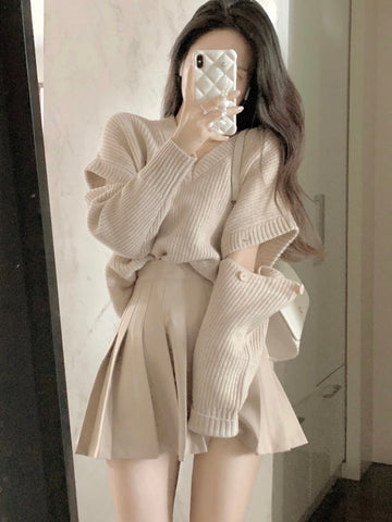 Harajuku Vintage Sweet V-neck Wool Sweater and Pleated Mini Skirt Folds Two Piece Sets Womens Festival Outifits Winter