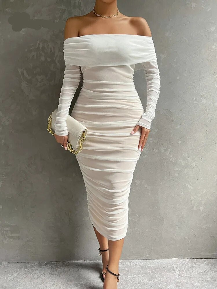 Solid Mesh White Midi Dresses Women Clothing Off Shoulder Long Sleeves Autumn Dress Backless Ruched Sexy Party Vestido