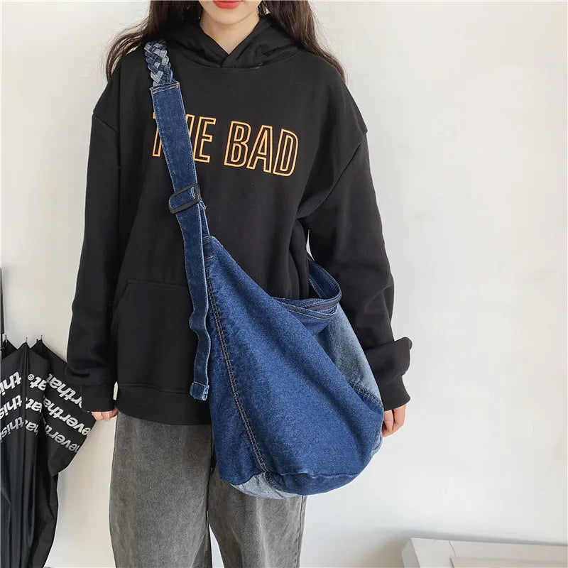 Oversized Patchwork Tote Bags For Women Latest Trend Shoulder Crossbody Bag Braided Strap Denim Fabric Big Capacity Shopper