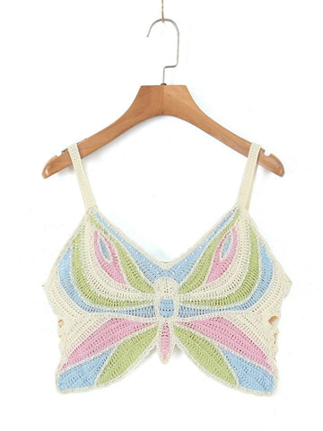 Beading Butterfly Crochet Camisole Holiday Women Hollow Out Contrast Color Corset Sexy Tank Tops Summer Cropped Camis