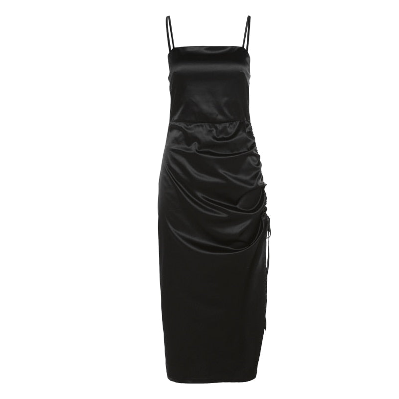 Solid Black Elegant Maxi Dress Women Fashion Sexy High Side Slit Drawstring Lady Long Prom Dresses Party High Streetwear