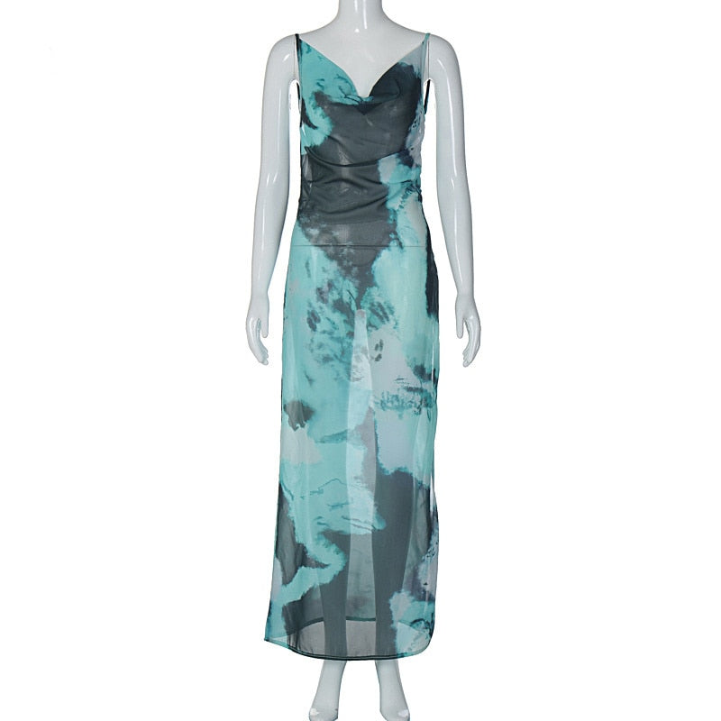 Summer Elegant Tie Dye Chiffon Dress Sexy Women Backless Side Split Bodycon Long Dresses Beach Party Vestidos