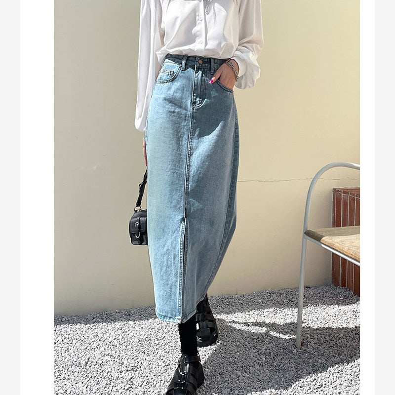 Vintage High Waist Women Denim Midi Skirt Summer Korean Thin Section Slit A Line Skirts Fashion Casual All Match Denim Skirts