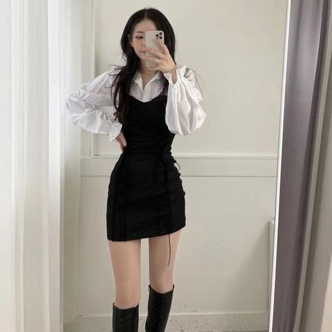 Korean Bandage Bodycon Dress Women Vintage Kpop Wrap Short Dresses Casual Long Sleeve Spring Chic Slim Robes Female