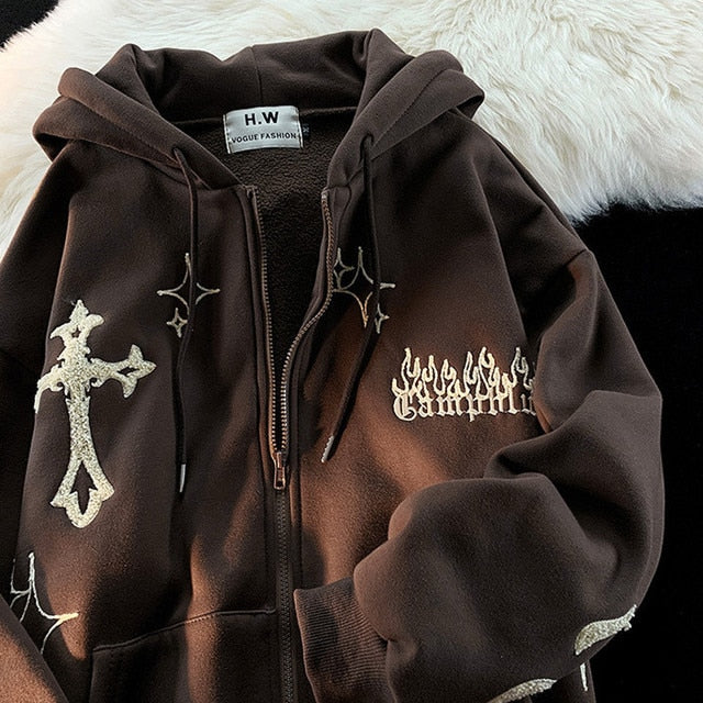 Harajuku Letter Embroidery Hoodies Women Long Sleeve Zip Up Oversize Gothic Hooded Sweatshirts Y2K Retro Angel Ears Jacket Coats