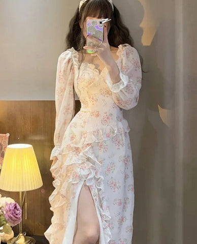 Summer Fairy Vintage Dress Women Casual Korean Style Beach Floral Party Midi Dress Female Print Sweet Lace Sexy Y2k Split Dress