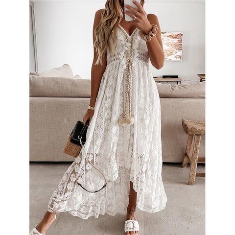 Boho Long Dress Women Summer Lace V Neck Flare Sleeve Sexy Maxi Dress Lady Holiday Party Beach Wedding Dresses Vestidos De Mujer