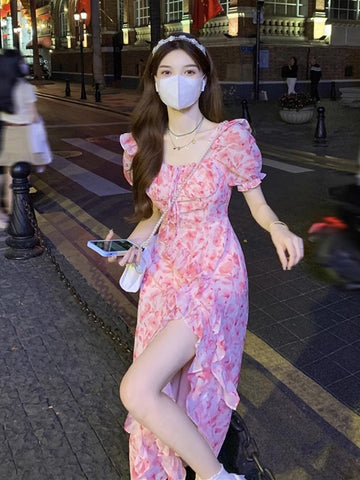 Vintage Puff Sleeve Irregular Print Dresses for Women Ruffled Elegant Casual Party Korean Fashion Floral Long Dress Summer