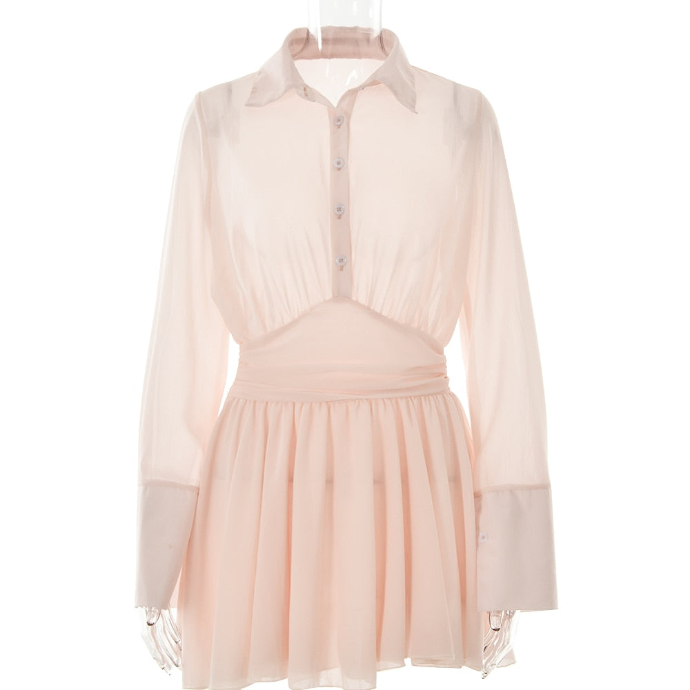 Sexy Women Chiffon Turndown Collar White Ruched Mini Dress Chic Single Breasted Longsleeve Slim Fall Dresses