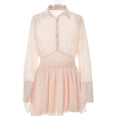 Sexy Women Chiffon Turndown Collar White Ruched Mini Dress Chic Single Breasted Longsleeve Slim Fall Dresses