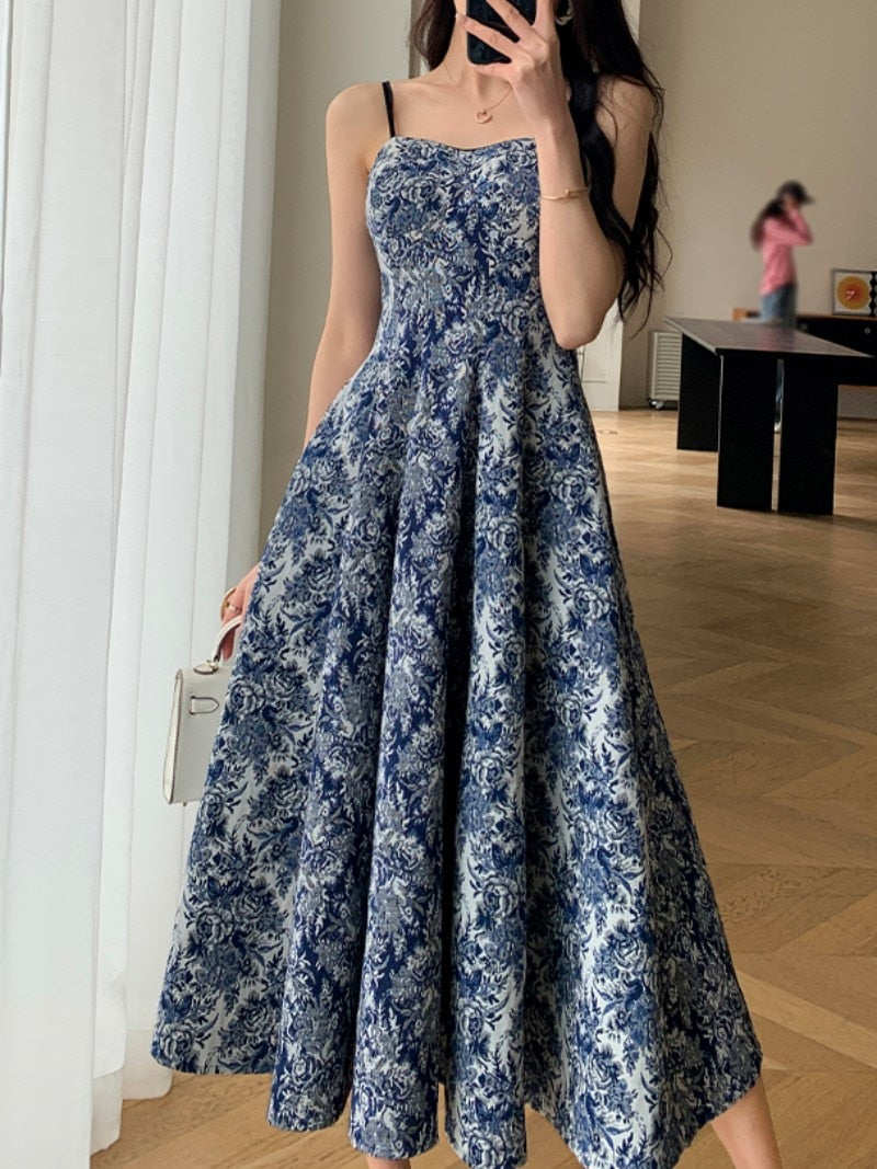 Women Fashion New Floral Casual Midi Dress Spaghetti Strap Elegant Slim A-Line Maxi Vestidos Female Chic Vintage Mujers Robe