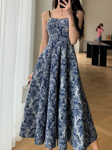 Women Fashion New Floral Casual Midi Dress Spaghetti Strap Elegant Slim A-Line Maxi Vestidos Female Chic Vintage Mujers Robe