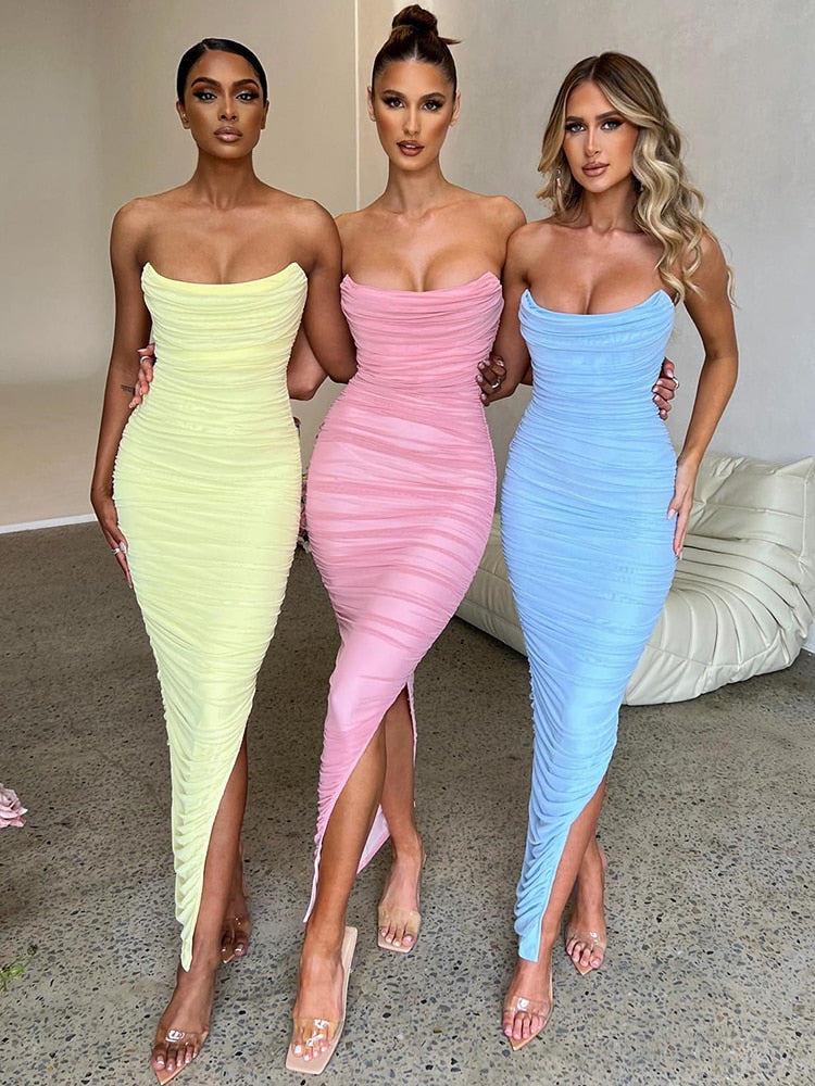 Elegant Mesh Strapless High Split Maxi Dress For Women Robe Fashion Backless Sleeveless Bodycon Club Party Long Dress