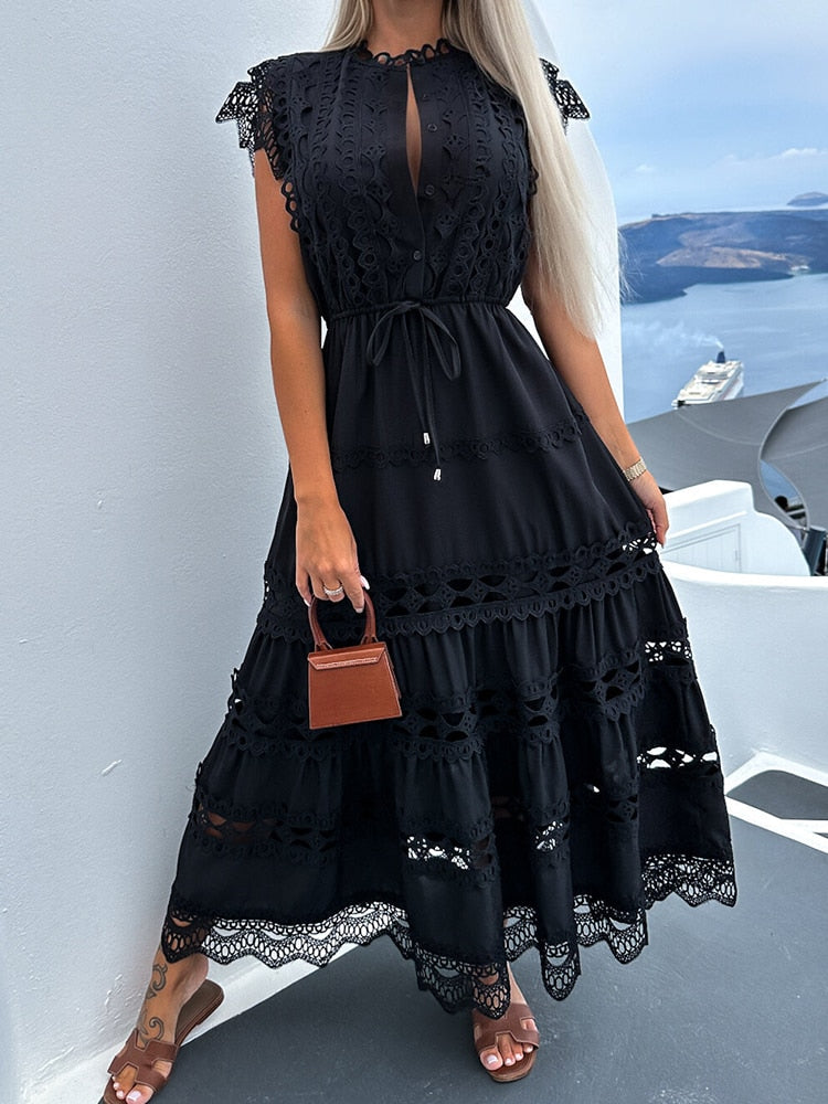 Hollow Out White Dress Women Summer Short Sleeve Lace Up Dress Ladies Elegant Fashion Lace Splicing Boho Holiday Long Dresses