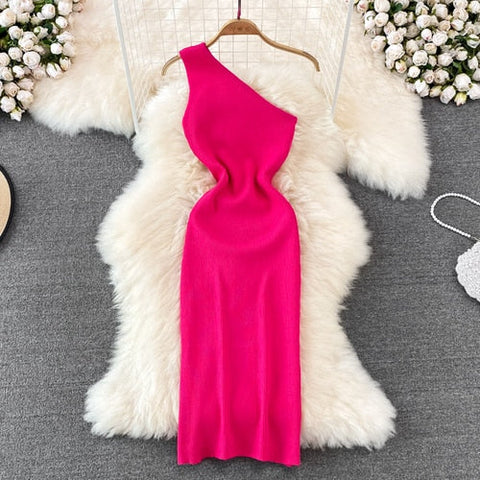 Sexy One Shoulder Crochet Bodycon Dress Chic Knitted Elegant Midi Vestidos Fashion Party Club Dresses Slim Goth Women Sundress