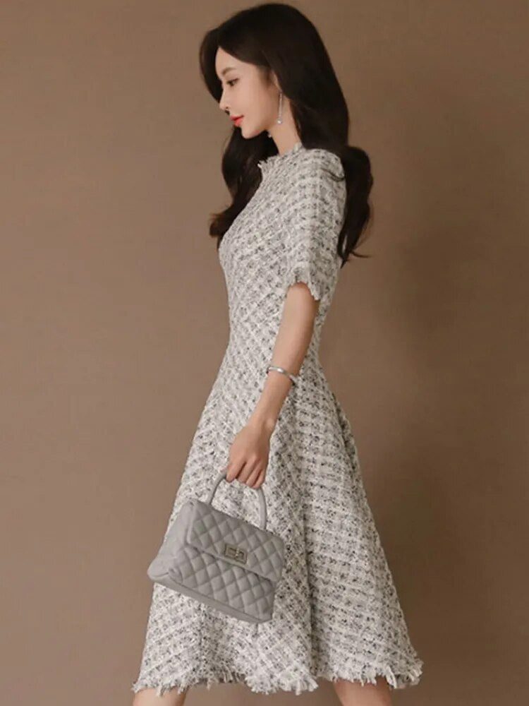 Fashion Korean Elegant Midi Tweed Dress Women Luxury Chic Casual Plaid Slim Gown Robe Femme Ladies Female Mujer Party Vestidos