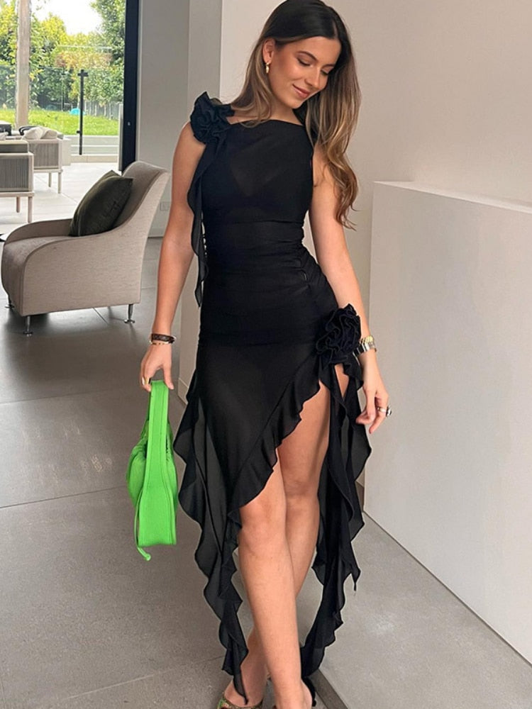 Sexy Ruffles Fairy Dress Women Fashion Mesh See Through Mini Bodycon Dress Summer Irregular Beach Party Club Outfits