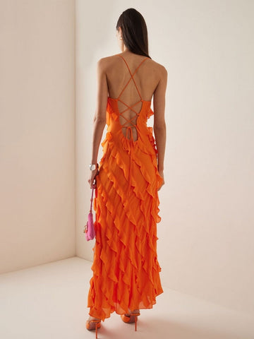 Elegant Pretty Women's Long Dresses Summer Solid Strapless High Waist Backless Ruffles Bandage Formal Evening Party Dress
